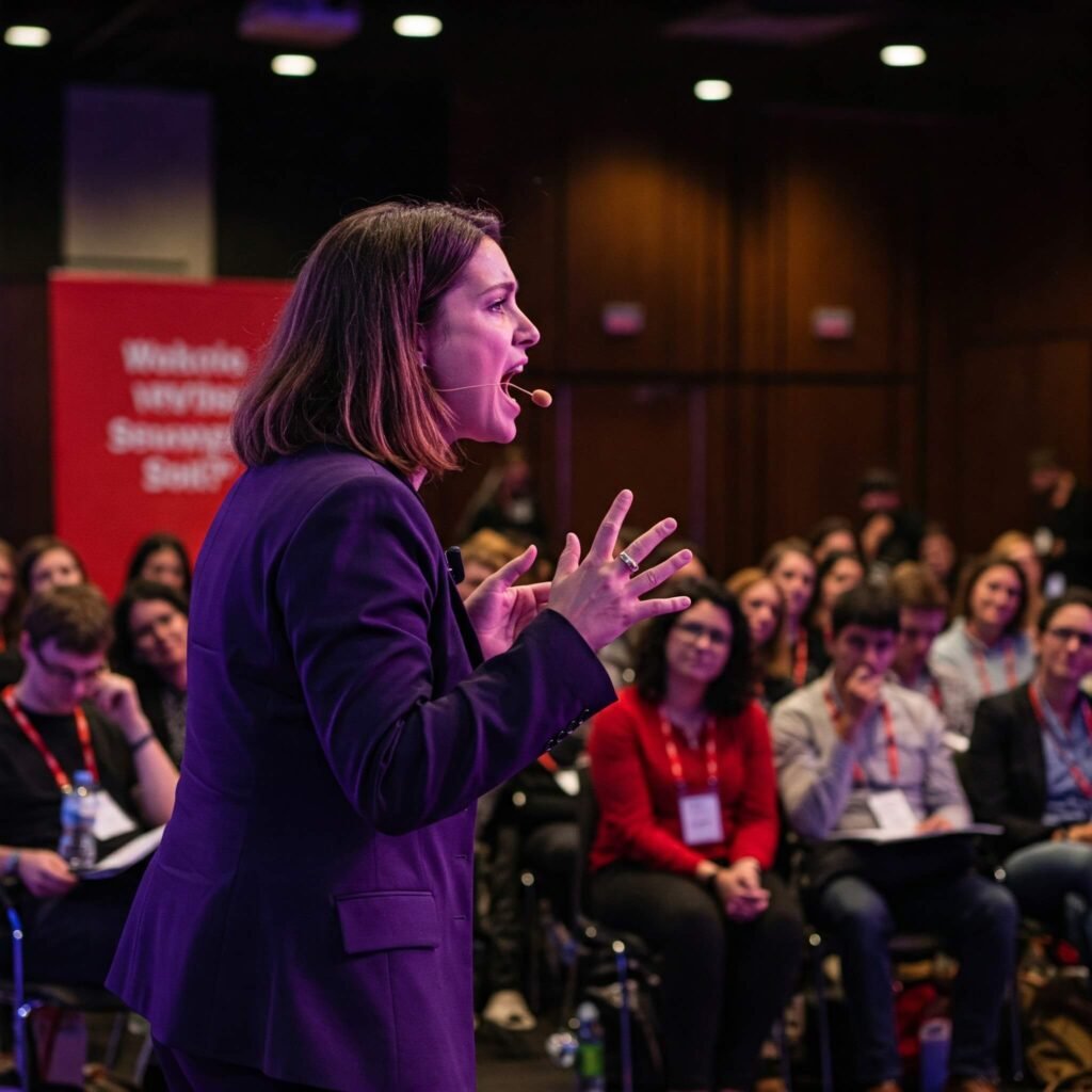 Woman speaking at conference event.