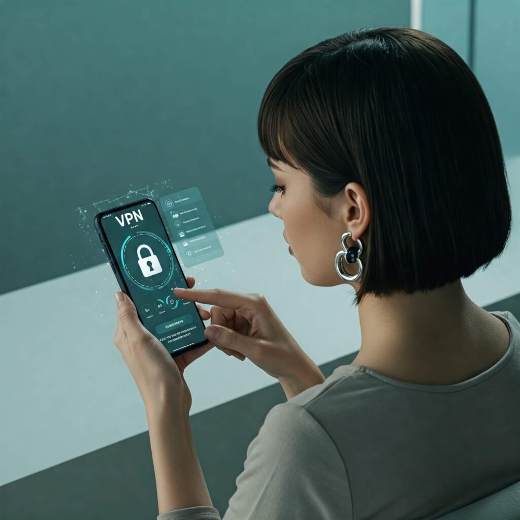 Woman with smartphone and VPN interface.
