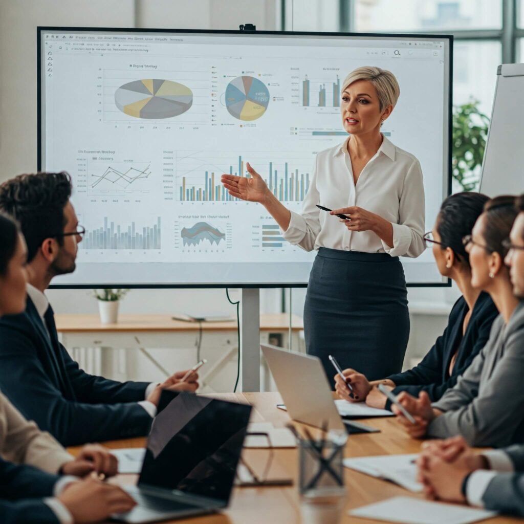 Woman presenting financial charts in office.