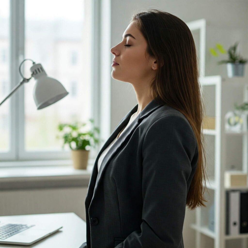 Person breathing in workspace.