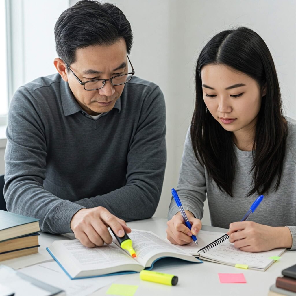 Tutor and woman studying.