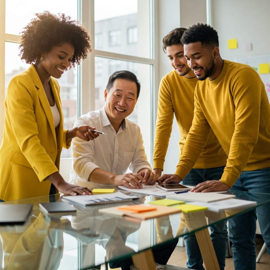 Diverse team collaborating in office.