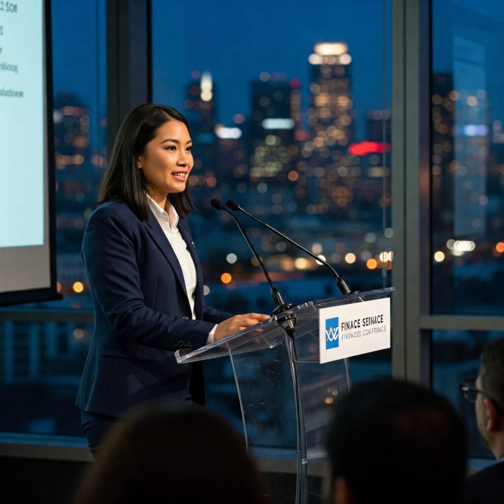 Woman revolutionizing finance speaking at a global conference.