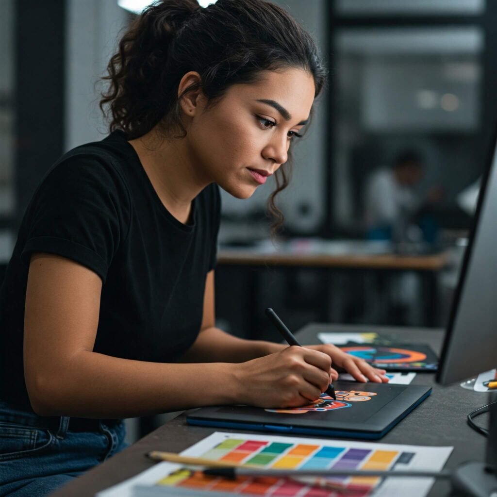 Woman creating graphic design on computer.