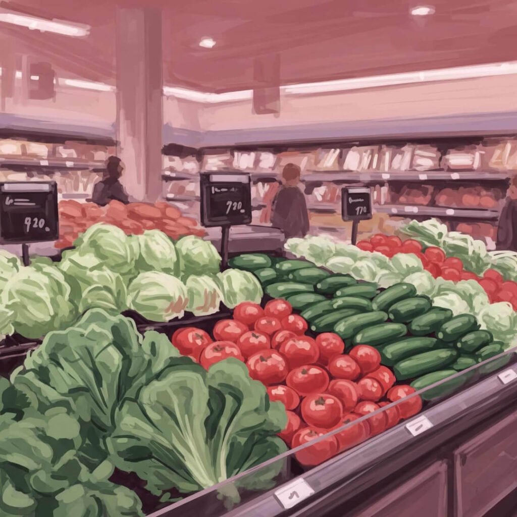 A dreamy, impressionistic painting of a grocery store produce aisle.
