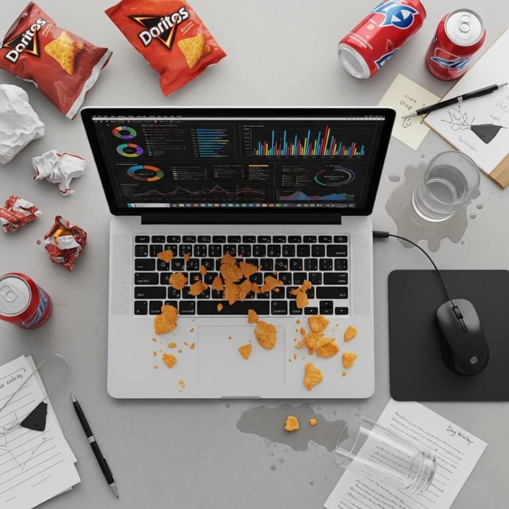 A messy top-down shot of a laptop with data charts, Dorito crumbs, and a spilled water glass.