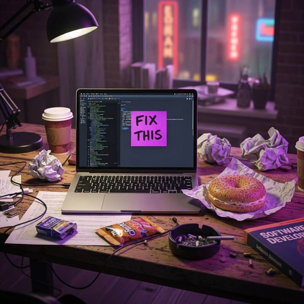 A messy desk with a laptop showing a coding error and a half-eaten bagel.
