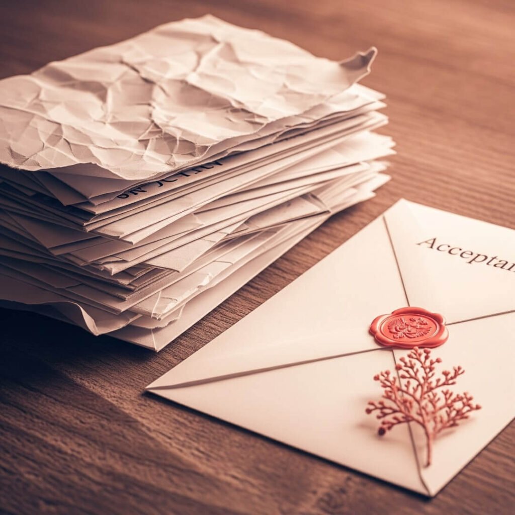 A stack of crumpled rejection letters next to a single, pristine acceptance letter.