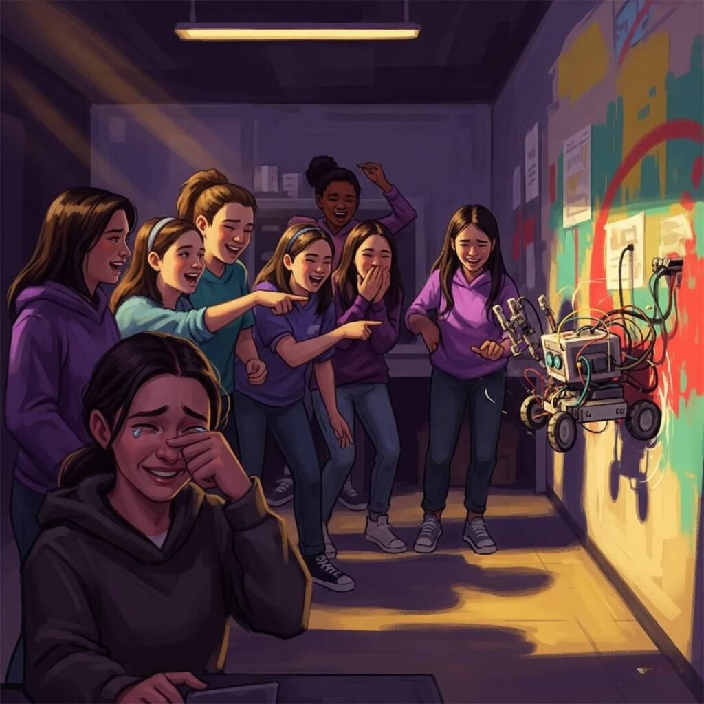 A group of girls laughing as their robot crashes into a wall.