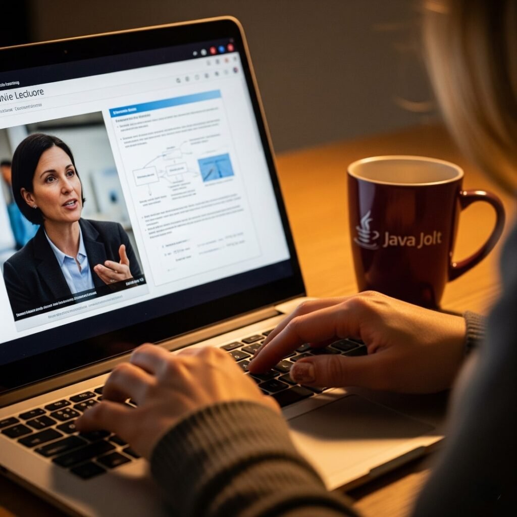 A close-up of hands typing on a laptop with an online lecture.