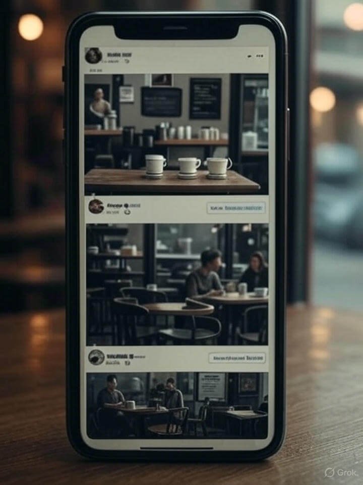 Vintage Polaroid Smartphone Screen: Advisors' Posts, Blurry Coffee Shop View