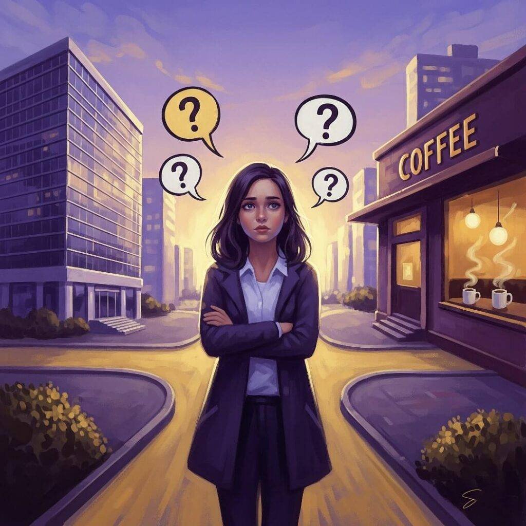 A woman stands at a crossroads, one path leading to an office, the other to a coffee shop, with question marks floating above her head.