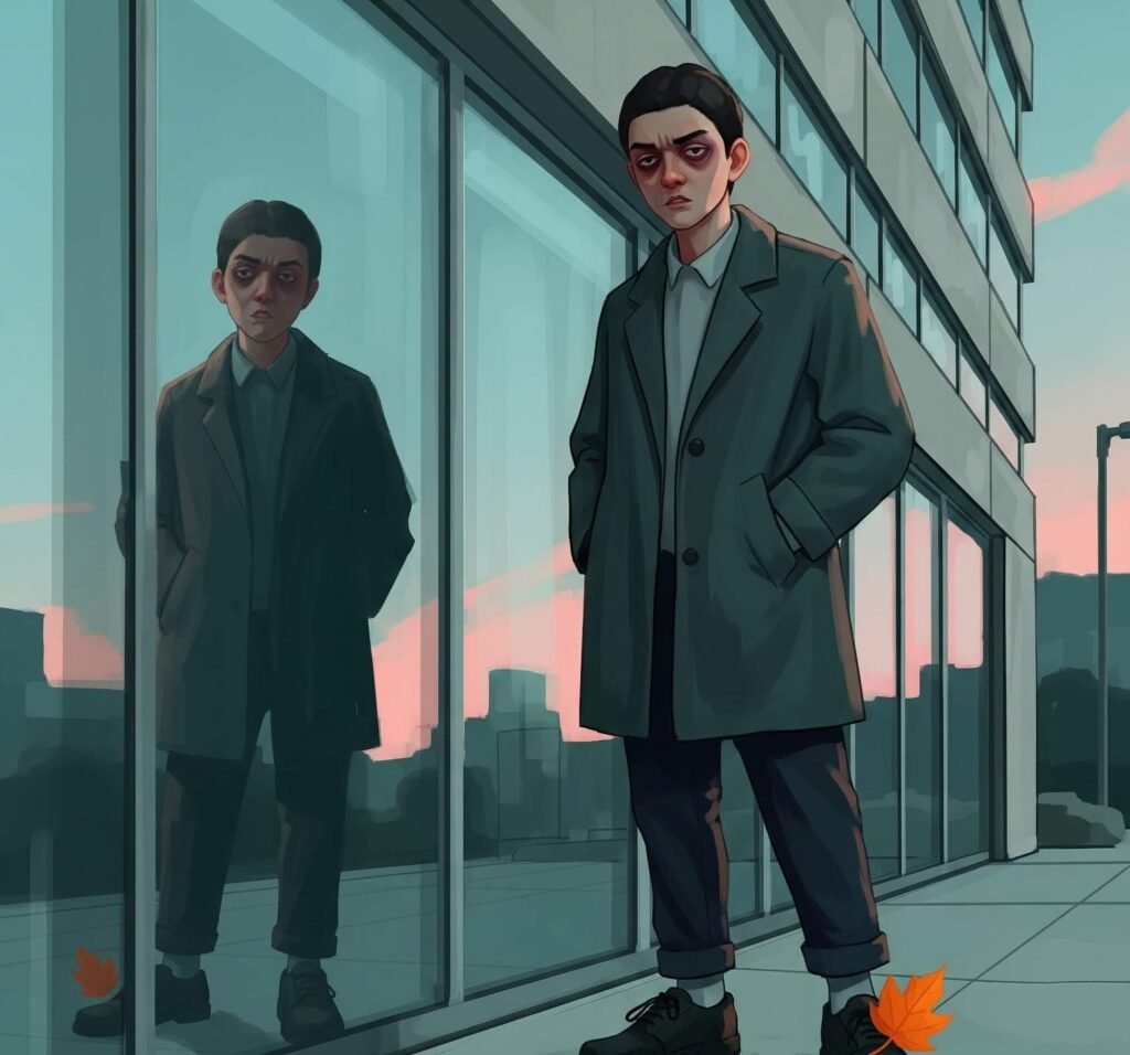 Person Outside Office Building with Orange Leaf on Shoe