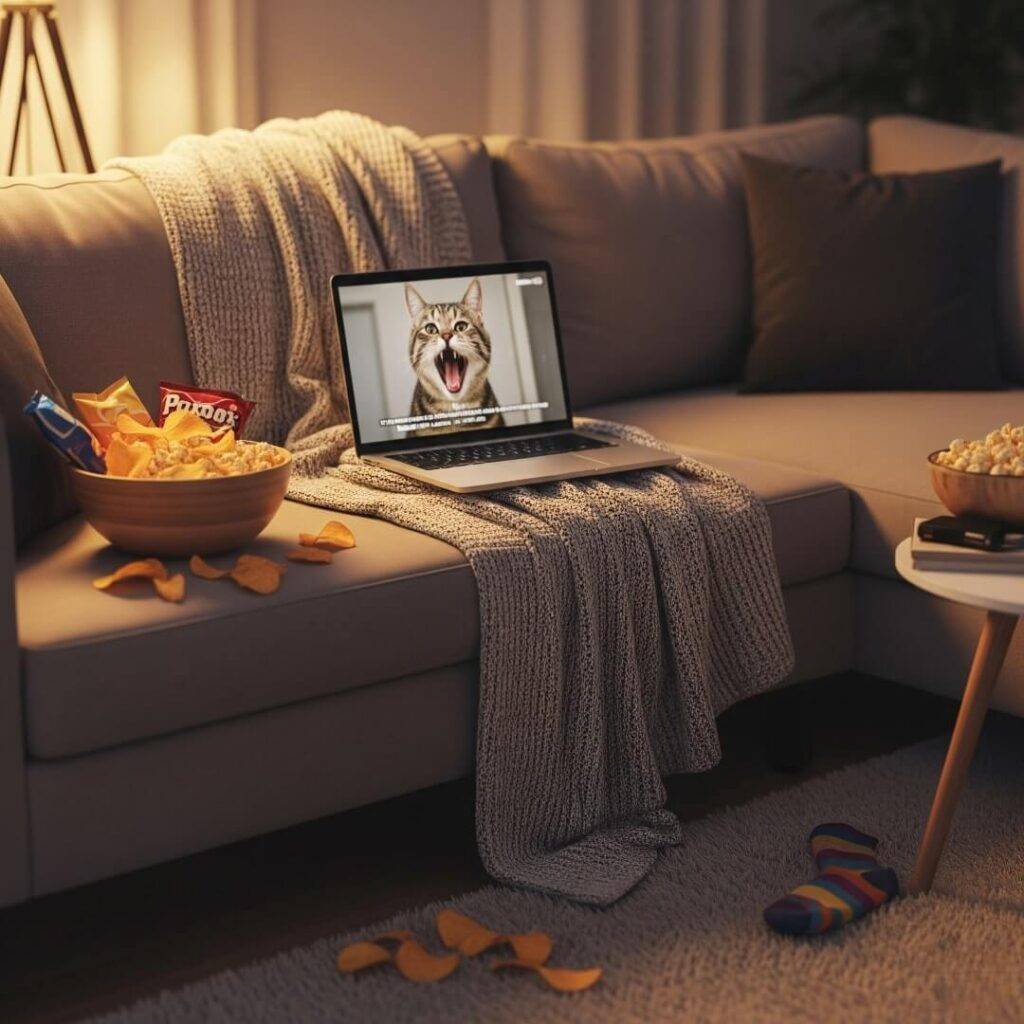 A cozy couch with a blanket, snacks, a laptop showing a cat video, and a sock on the floor.