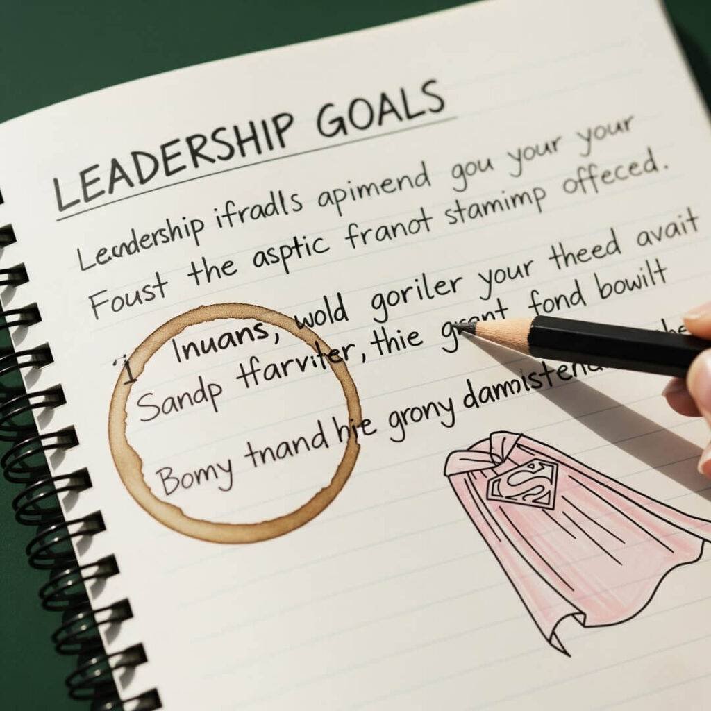 A close-up of a notebook with "LEADERSHIP GOALS" written, a coffee stain, and a doodle of a pink superhero cape.