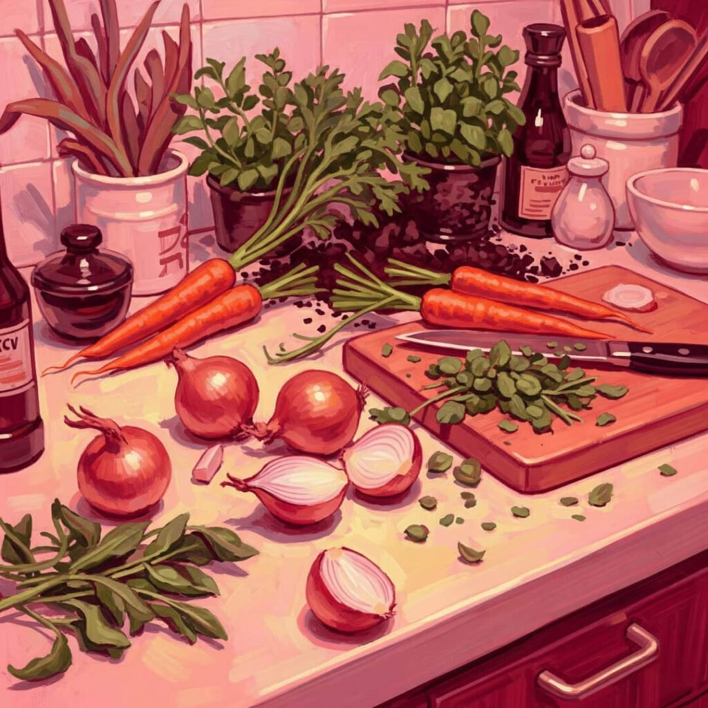 A chaotic kitchen counter with onions, carrots, and herbs.