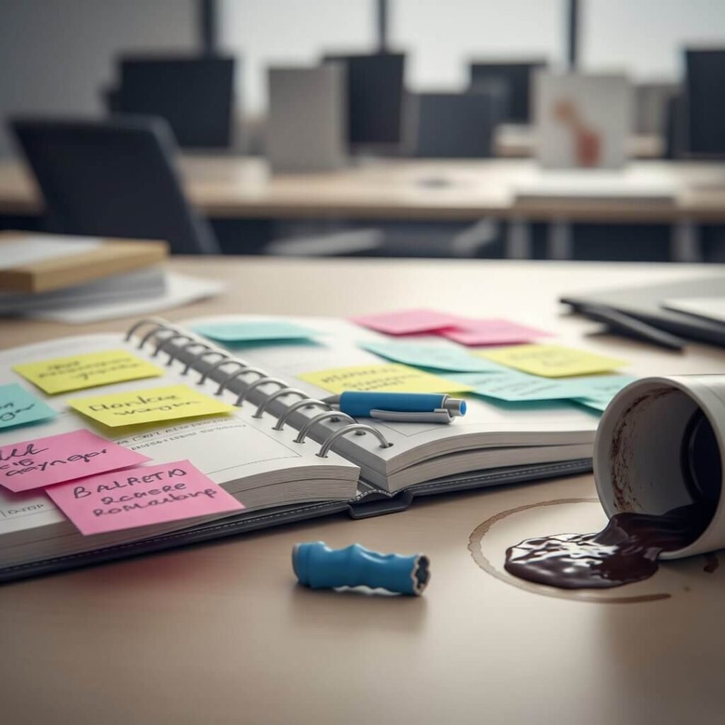 A blurry shot of a desk with a planner, sticky notes, a chewed-up pen, and a coffee stain.