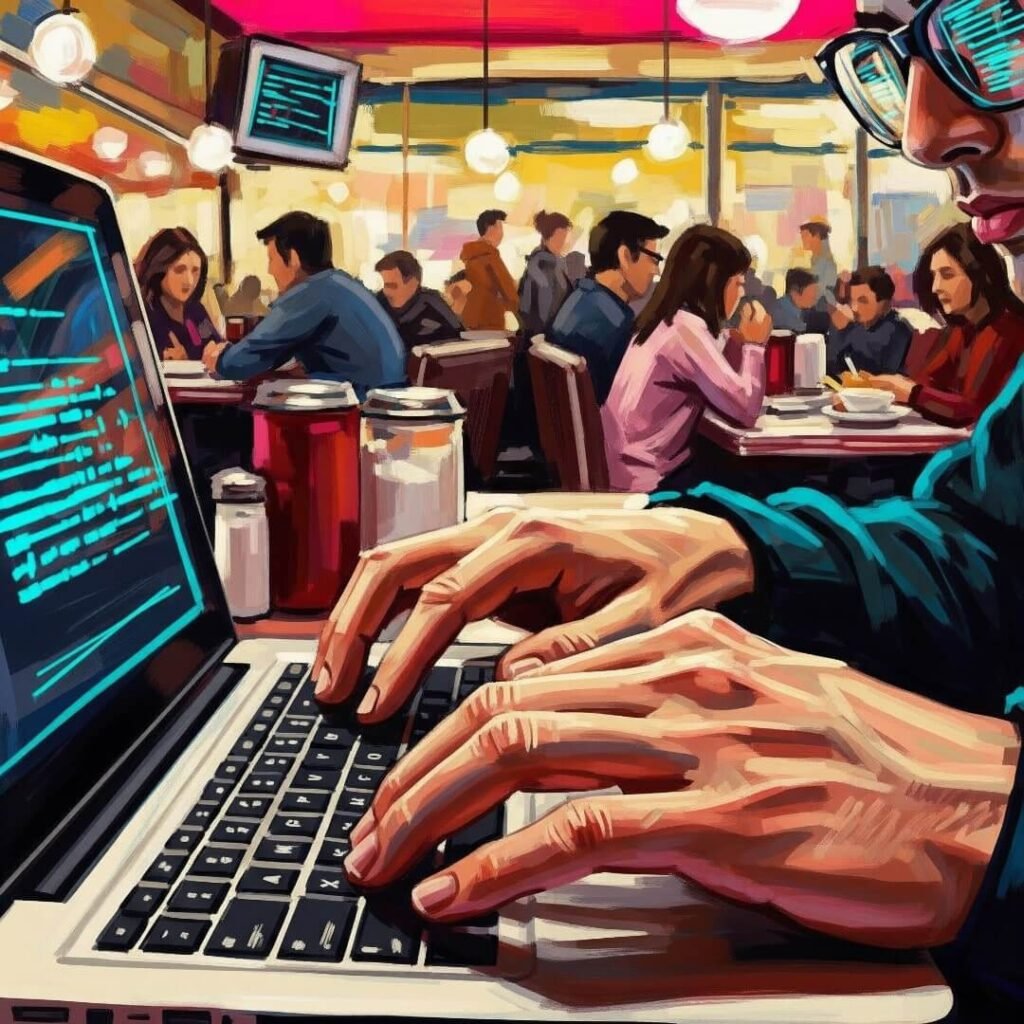 An impressionistic digital painting of hands typing on a laptop, with code reflected in glasses.