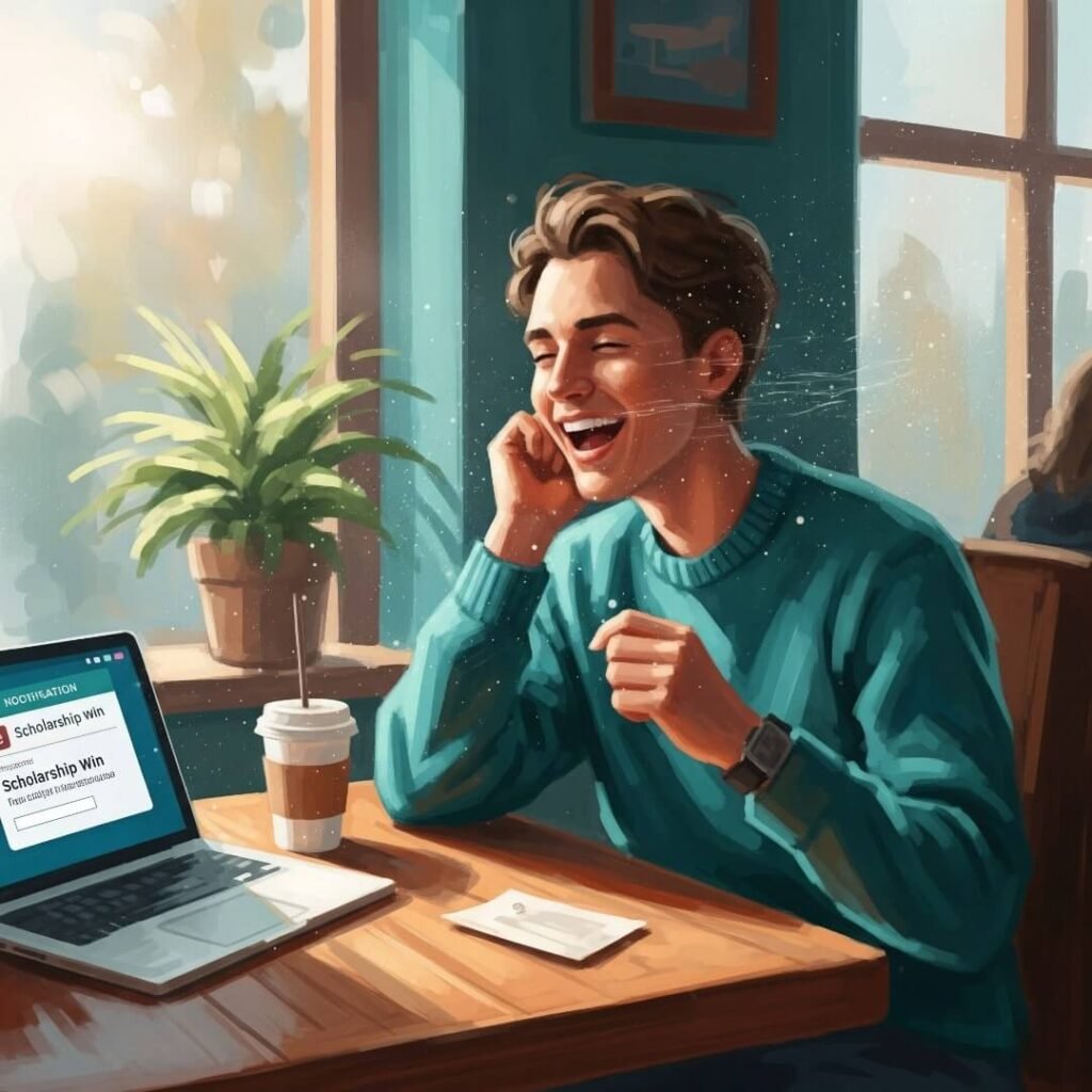 A person laughing in a coffee shop, with a laptop showing a scholarship win.