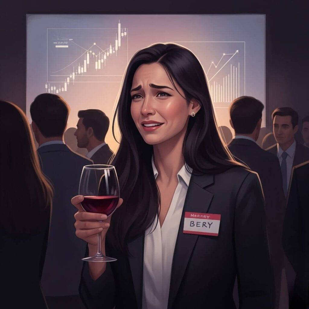 An impressionistic painting of a woman awkwardly smiling at a networking event, holding wine, with financial charts and a crooked name tag.