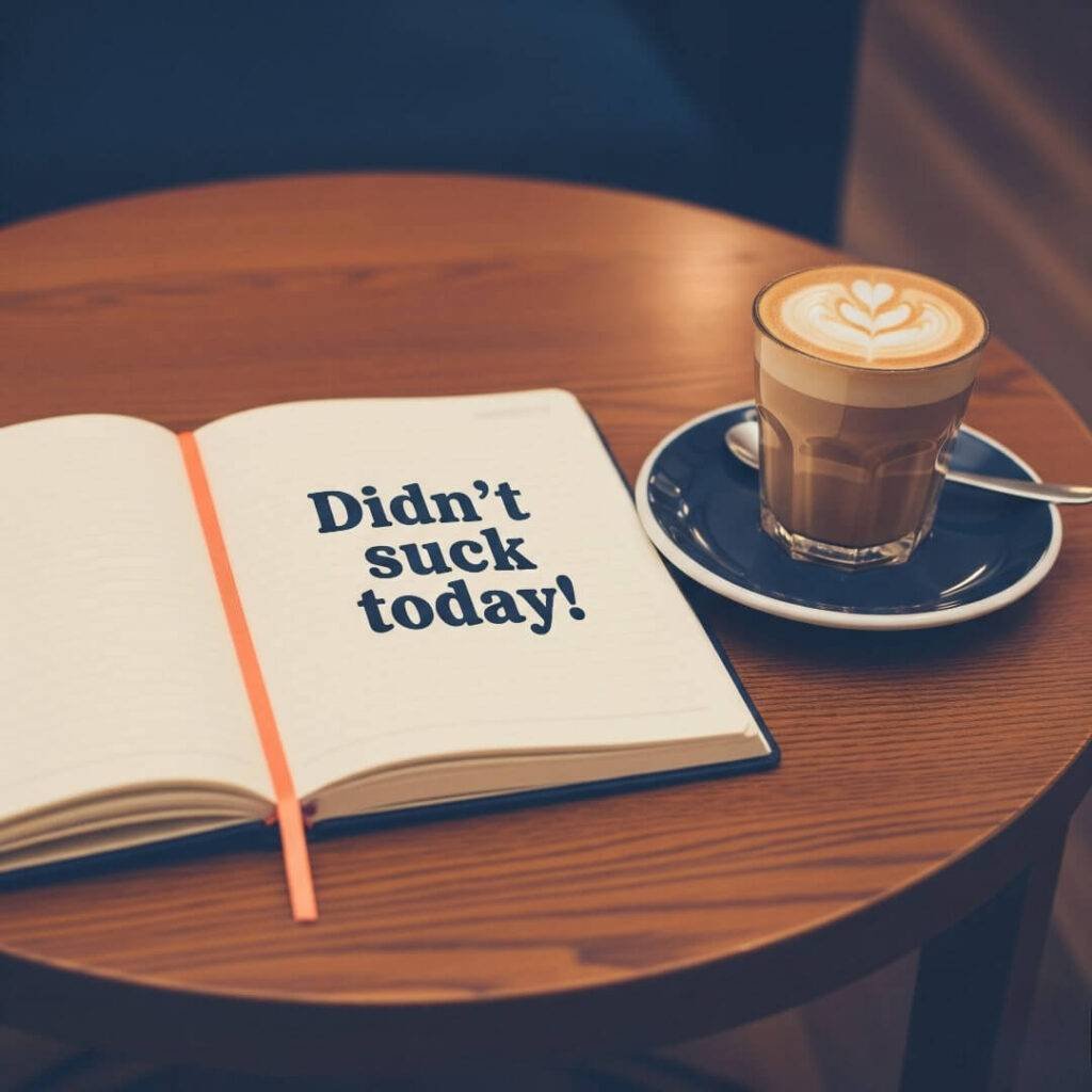 A notebook on a table reads "Didn't suck today!" next to a latte.