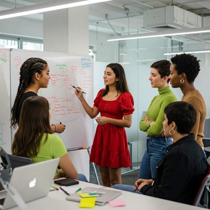 A diverse group of young women collaborating