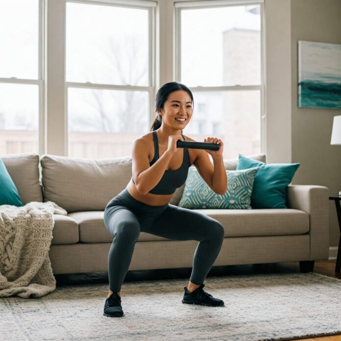 woman doing a bodyweight squat in a cozy living room