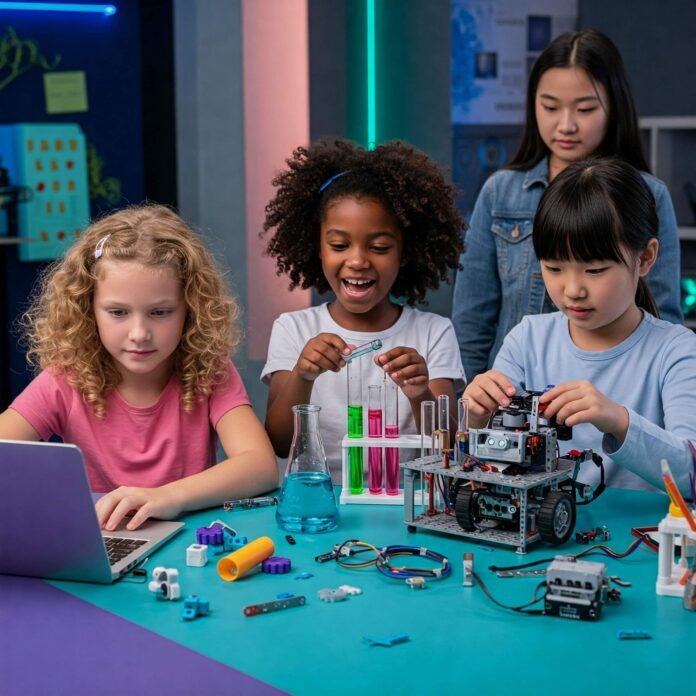 Diverse girls in STEM activities.