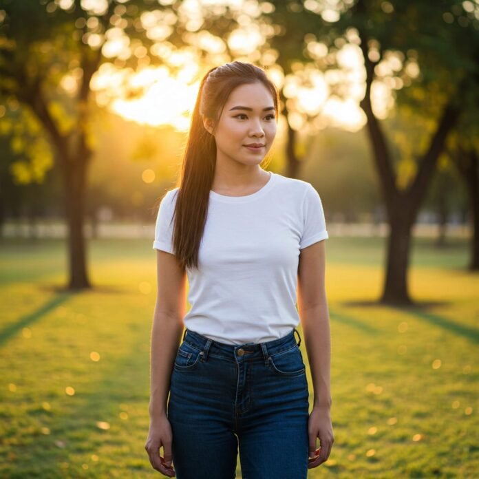 Woman in serene park sunrise.