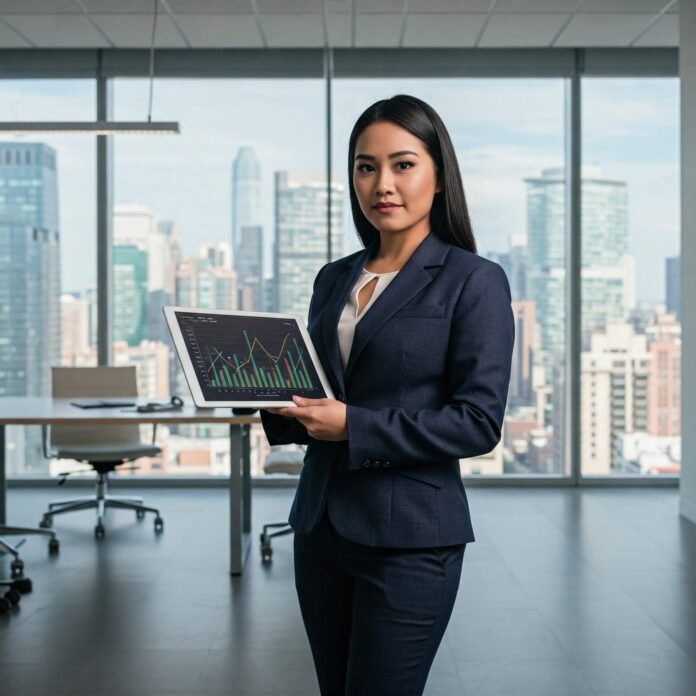 Confident woman with financial tablet in office.