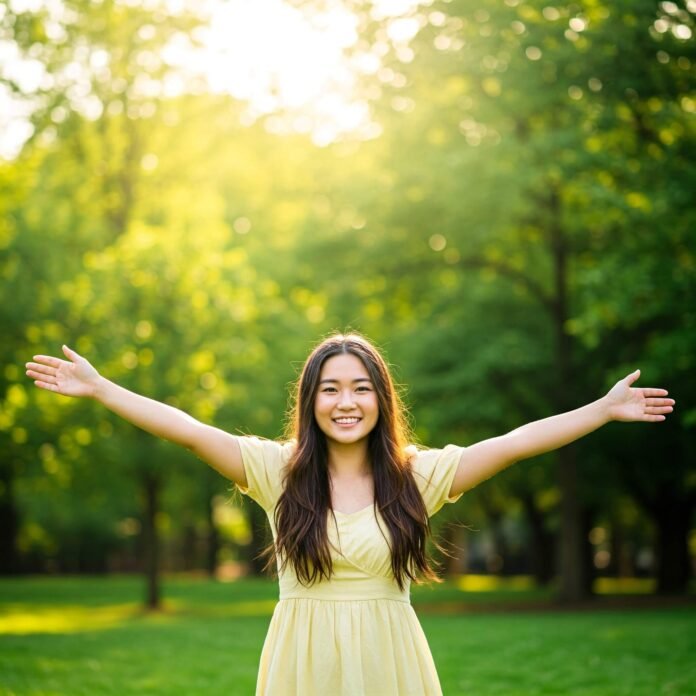 Confident woman in sunlit park.