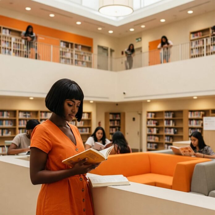 Woman reading in library.