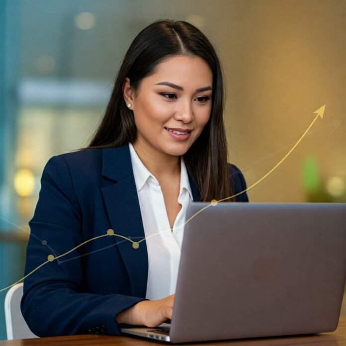 Woman smiling with laptop,