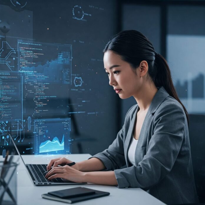 Confident woman coding at a desk with a futuristic digital interface