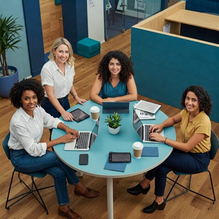 Diverse women collaborating in tech office.
