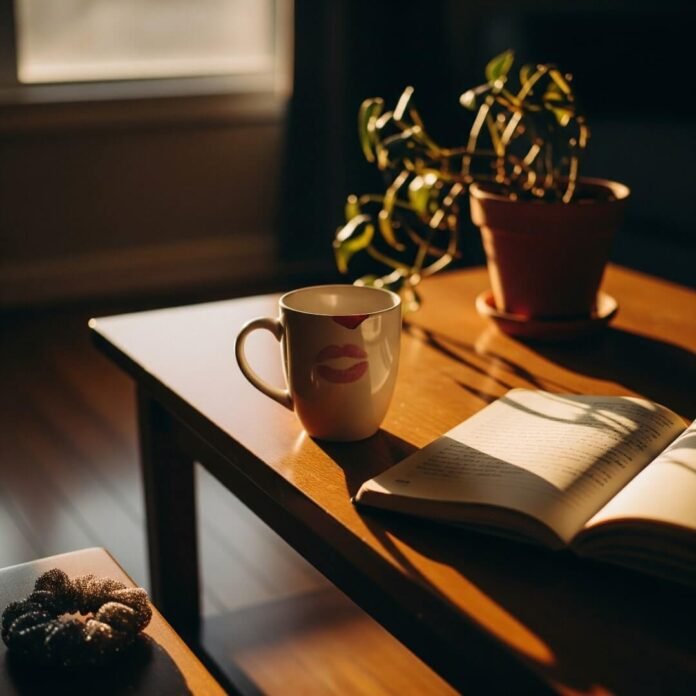A messy coffee table with a mug, journal, plant, and hair tie.