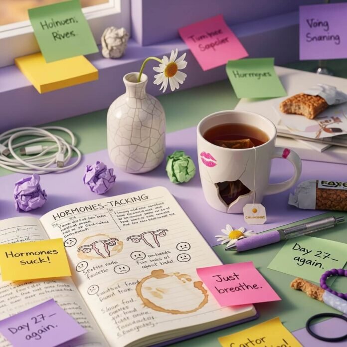 A cluttered desk with a hormone-tracking journal, tea mug, and sticky notes.