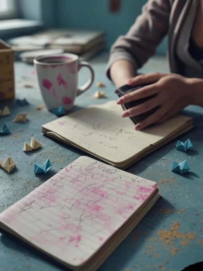 Cluttered table, notebook with budget scribbles, coffee mug with lipstick stains, woman's hand holding worn wallet, origami dollar hearts, teal, mustard, magenta tones.