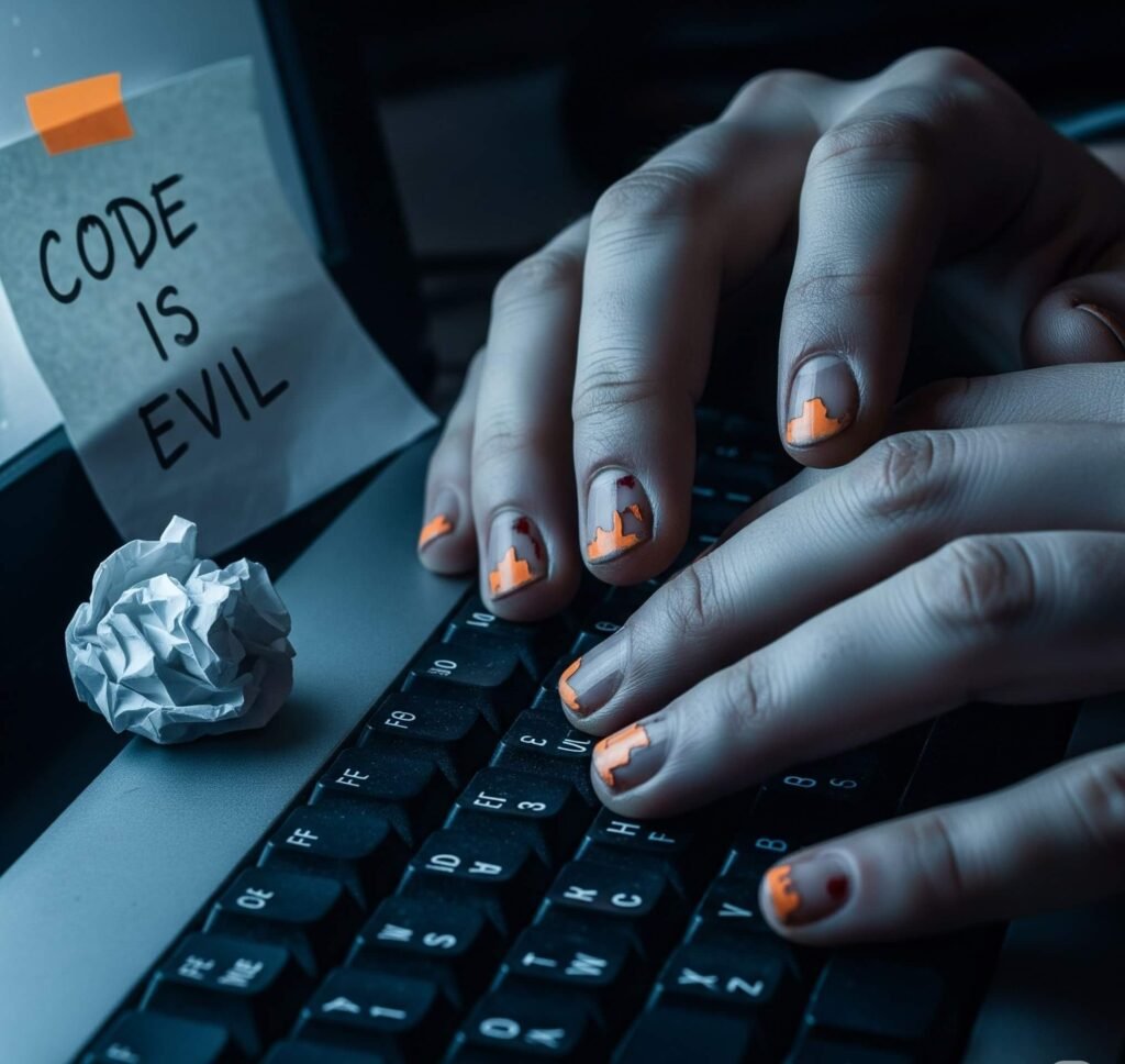 Chipped-Nail Hands on Keyboard with "Code Is Evil" Note - Gritty, Moody Photo