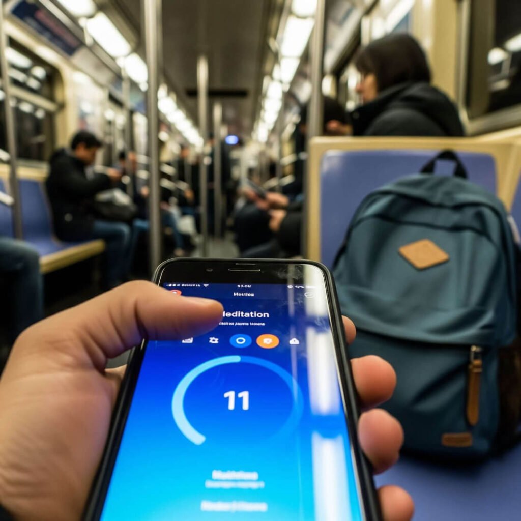 A wobbly phone picture of a hand holding a meditation app on a crowded subway.