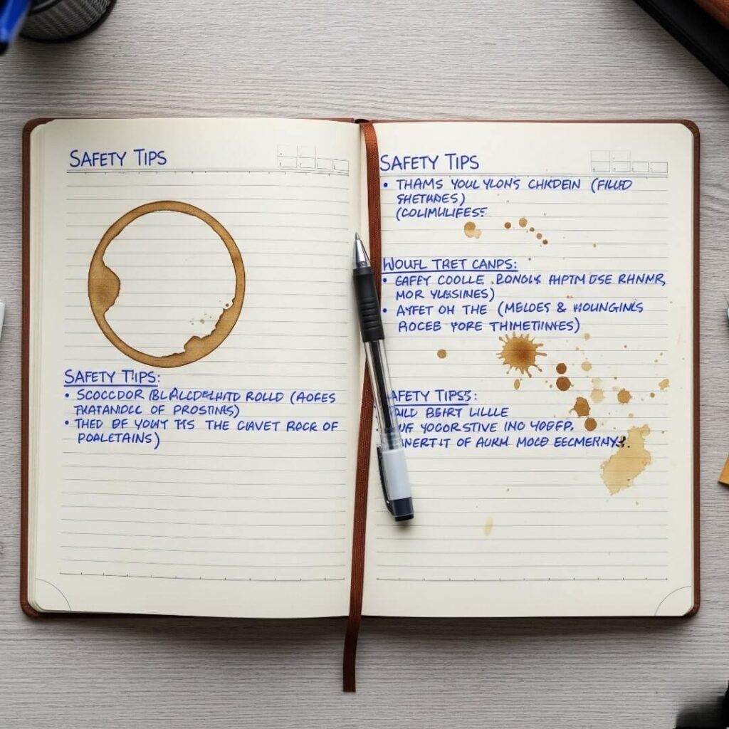 An overhead view of a coffee-stained notebook