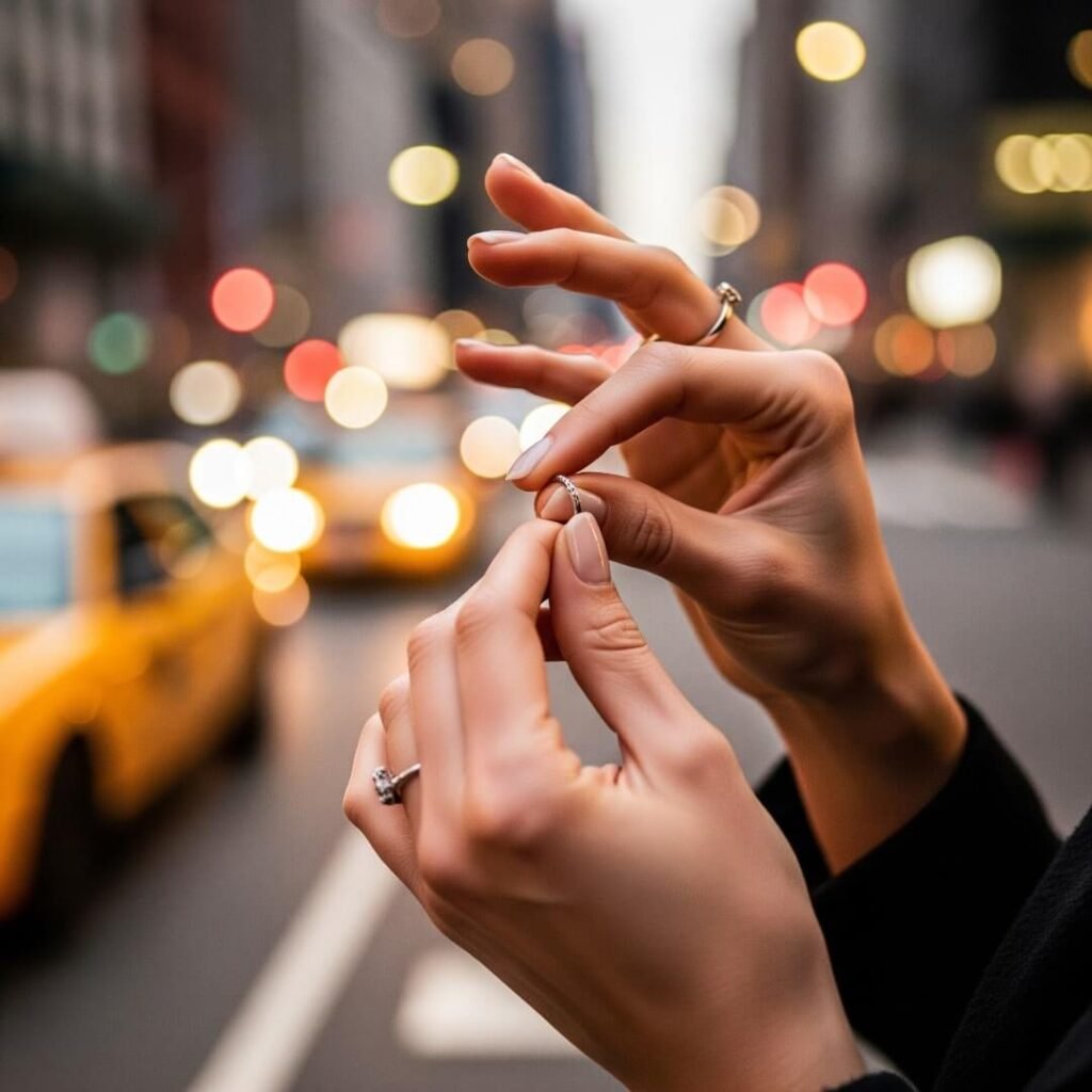 A close-up photo of a woman's hands twisting a ring with blurred NYC streets in the background.