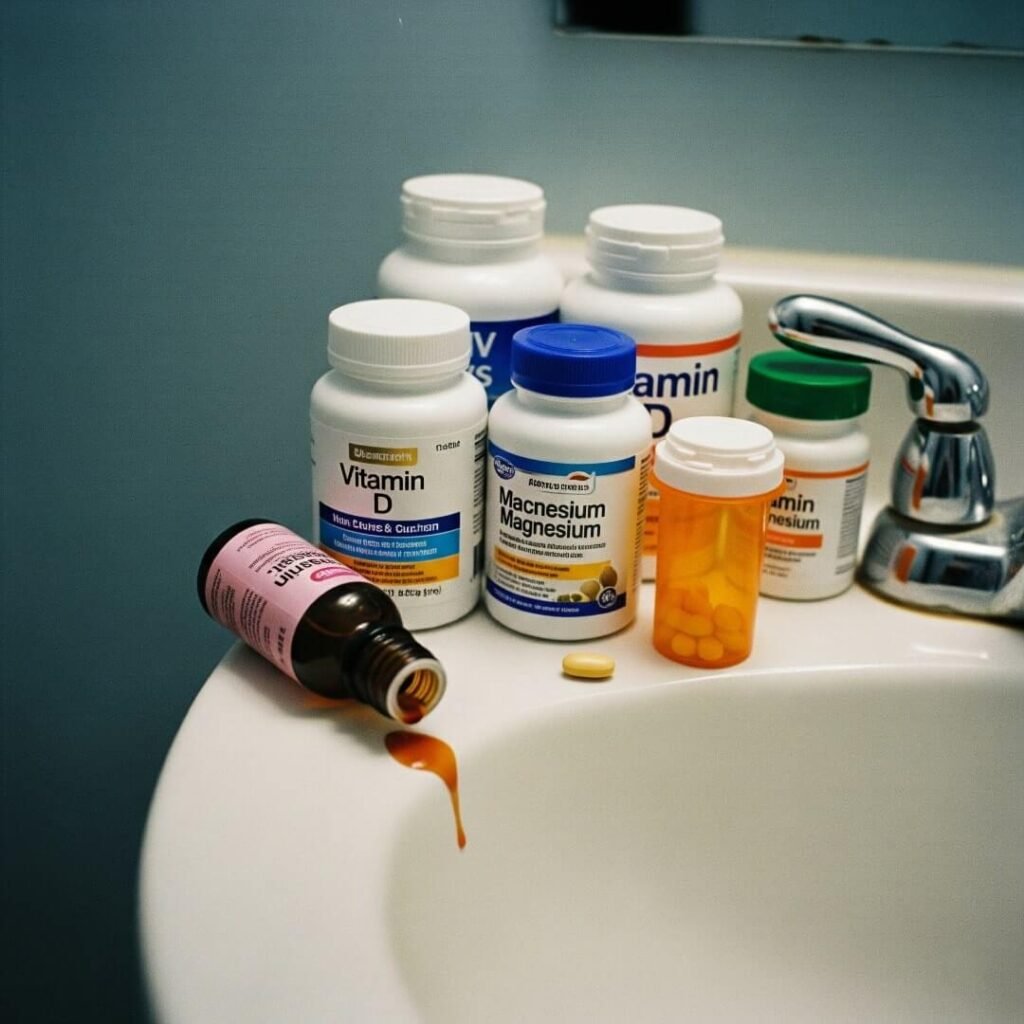 A grainy, off-center shot of a bathroom sink with supplements and a spilled bottle of rosehip oil.