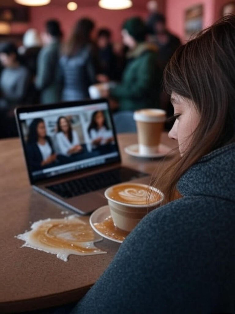 Shaky view in crowded Seattle café, laptop with leadership course, spilling latte, earthy pinks and greens, frazzled vibe.