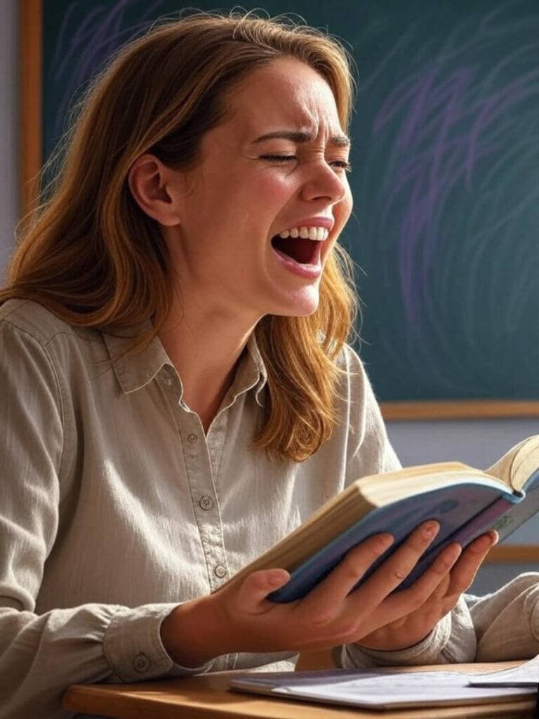 Nervous woman laughing while reading book in literacy class, shy profile, impressionistic chalkboard background.