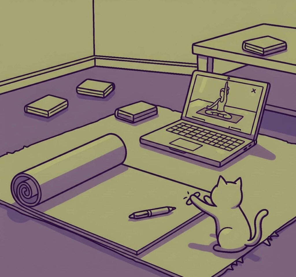 Retro Digital Doodle of Yoga Room with Laptop and Cat