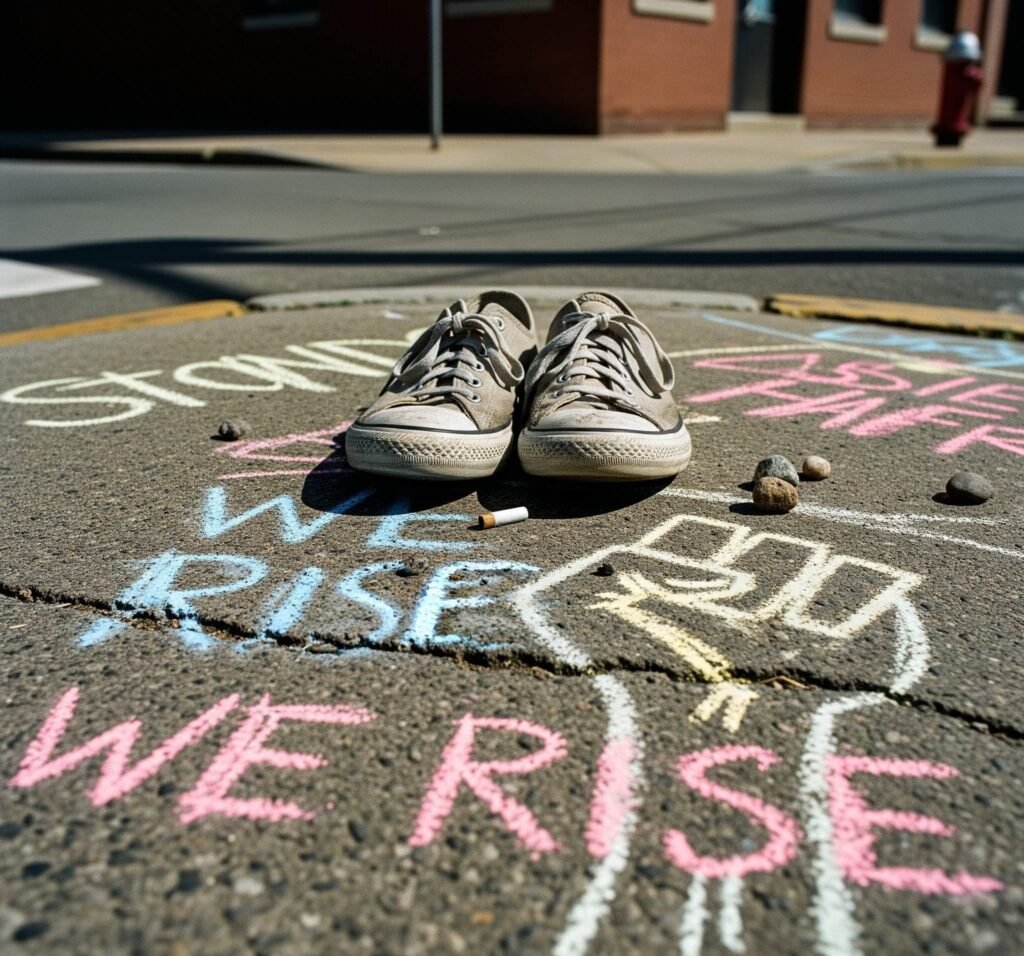 Scuffed sneakers on a street with chalk art.