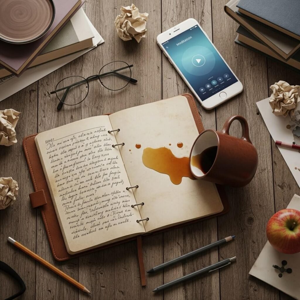 A cluttered desk with a half-scribbled journal, a spilled coffee mug, and a phone with a meditation app open.
