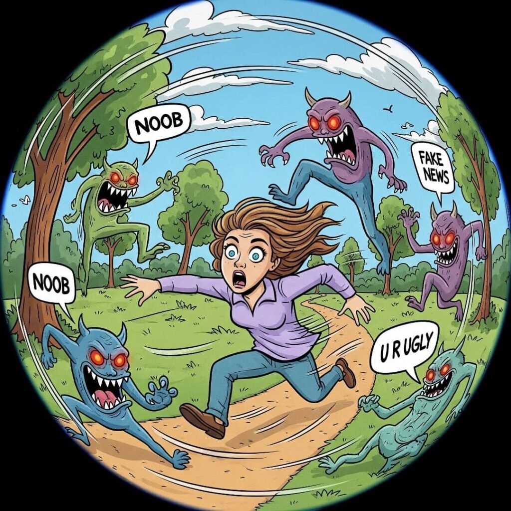 A comic-strip image from a distorted fish-eye lens, showing a woman