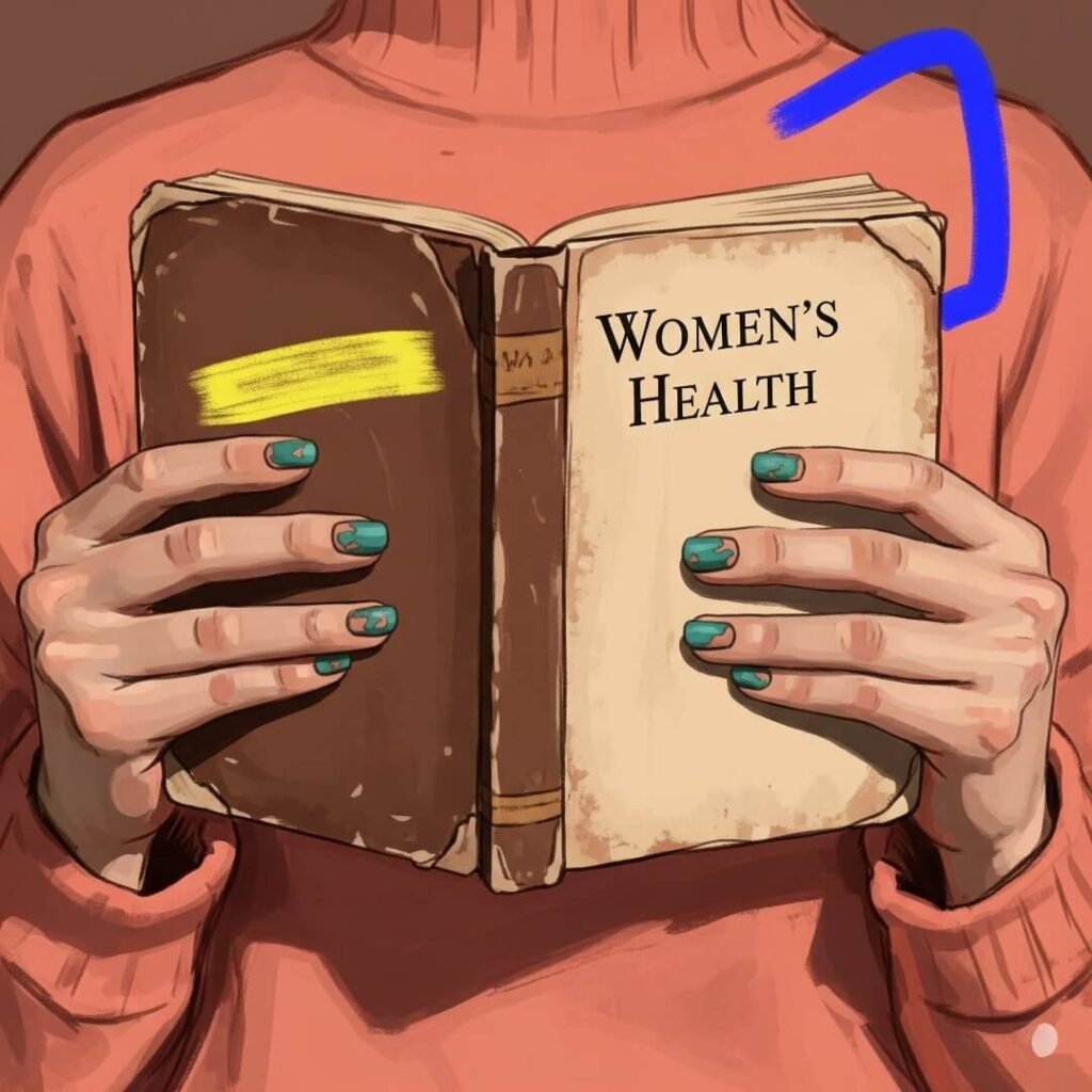 An impressionistic digital painting of hands holding a book on women's health.